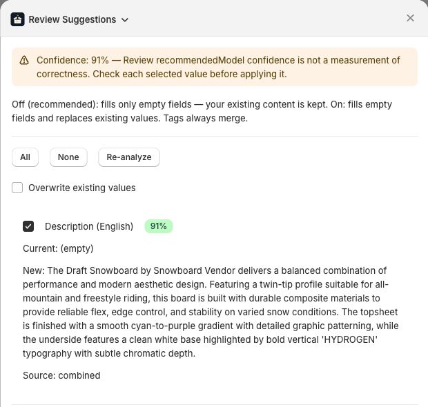 Shopify-App: bisherigen Beschreibungstext und KI-Vorschlag vergleichen und einzelne Felder auswählen.